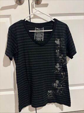 Disney Black & Dark Gray Striped Mickey Mouse V-Neck Tee